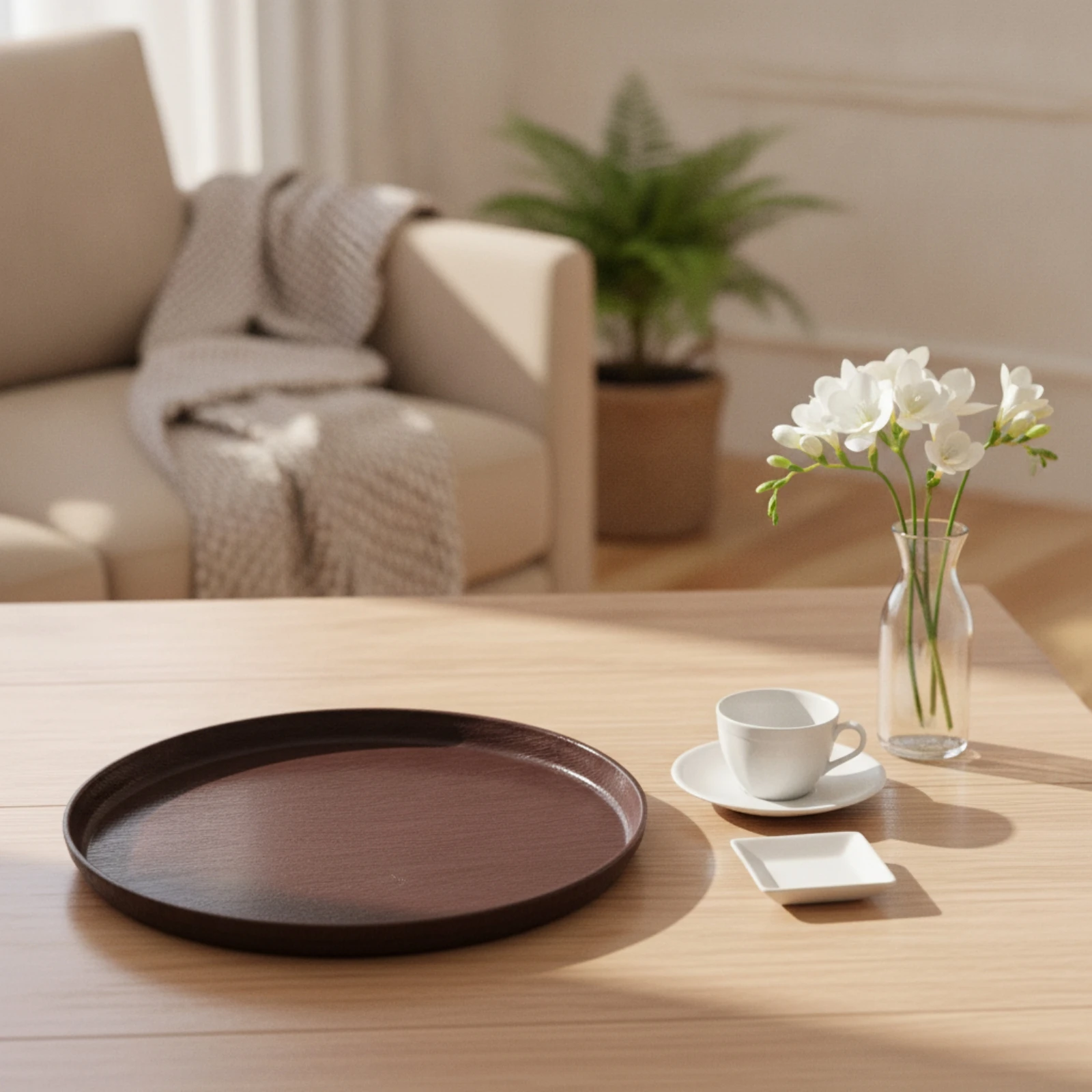 Round Plastic Tray Lightweight Wood Grain Tray Serving Platter Smooth Multi-Functional for Home Display, Countertop Organization