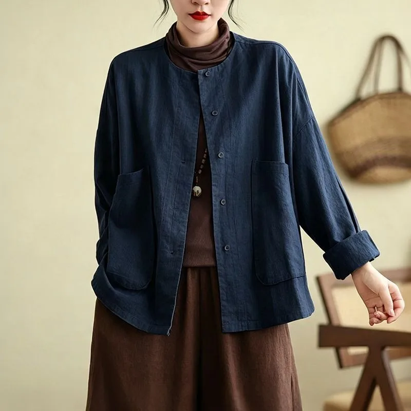 Women Solid Color Linen Shirt Round Neck Big Pocket Loose Casual Open Front Jacket Spring Autumn