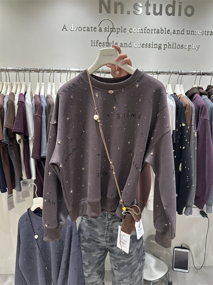 الماس ربيع الخريف المرأة البلوز كل مباراة فضفاضة جولة الرقبة البلوز أعلى طويلة الأكمام عارضة الإناث القطن هوديي قمم #3