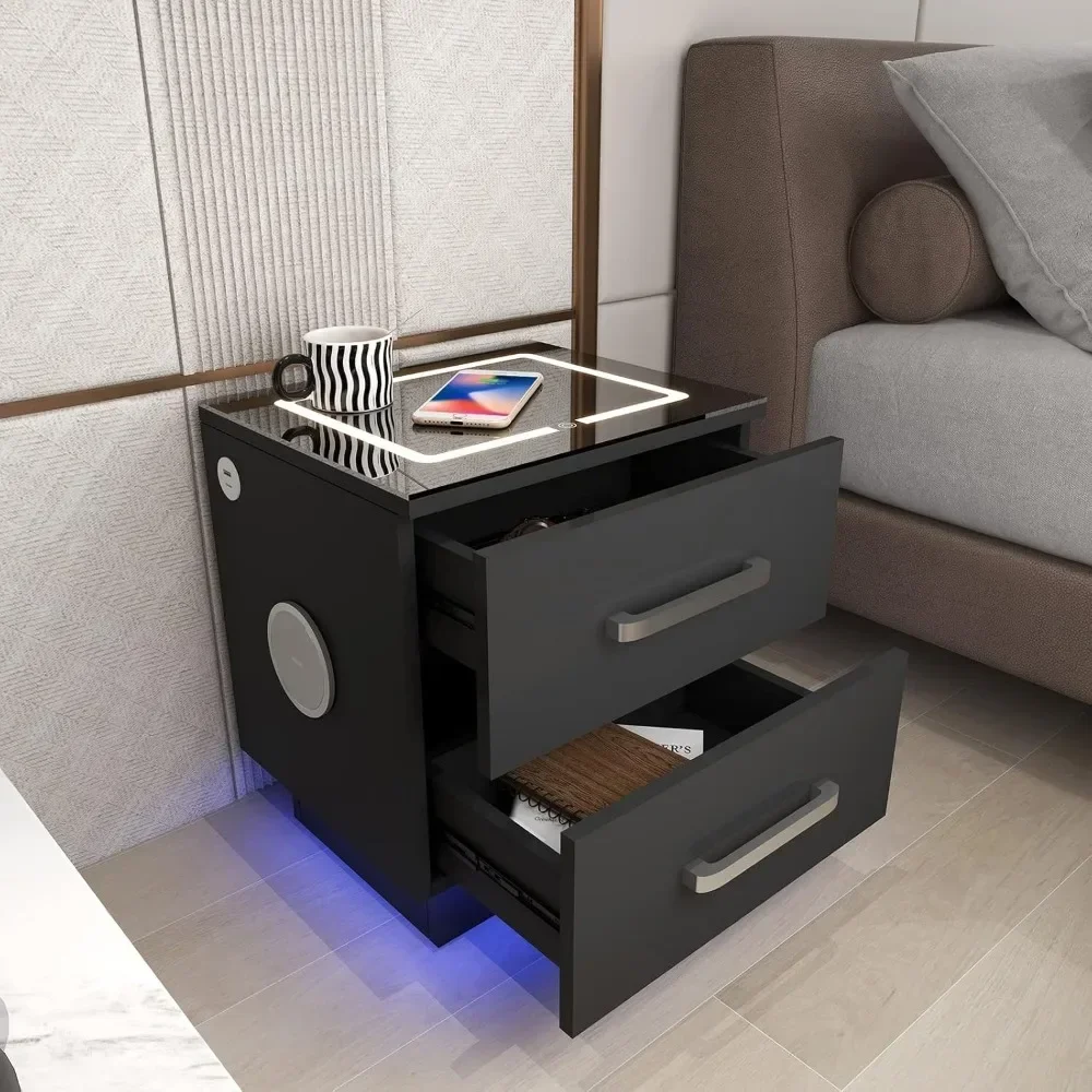 LED Nightstand, USB Ports and Wireless Charging Station 2 Storage Drawers and Bluetooth Speaker, LED Night Stands 2 Piece Set