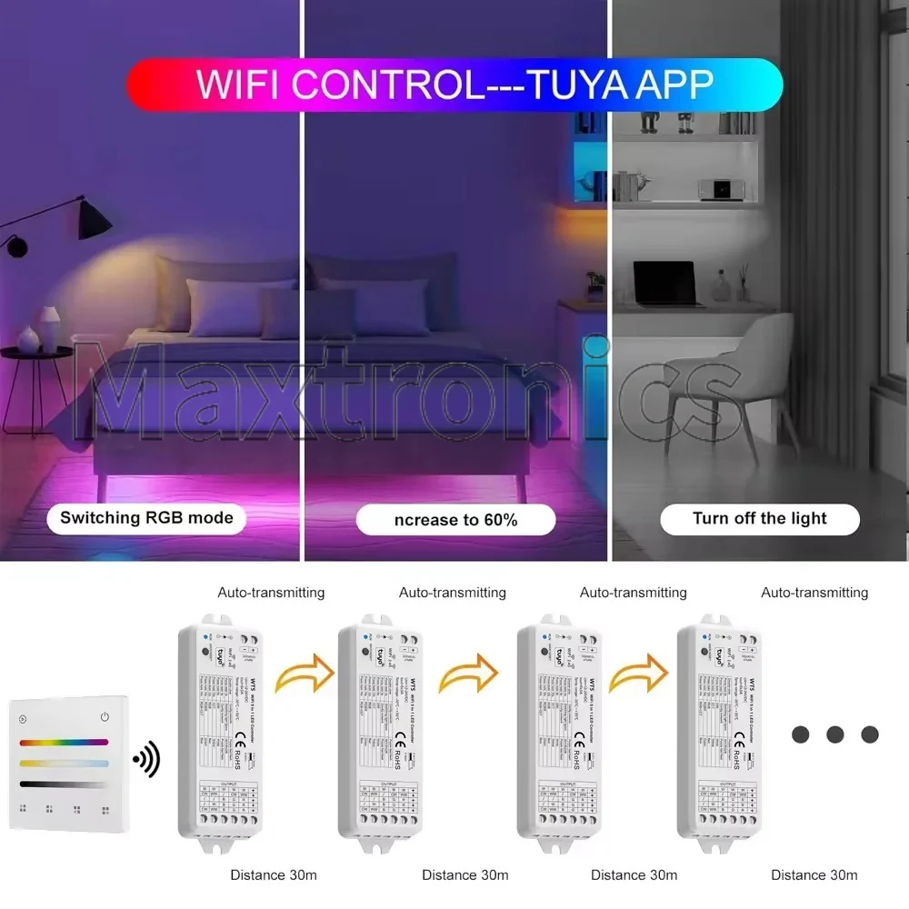 WT5 5in1 Tuya Wifi LED Controller 4 Scene 4 Zone Touch Panel RF 2.4G Remote Alexa Google for  RGBCCT LED Strip Light Controler