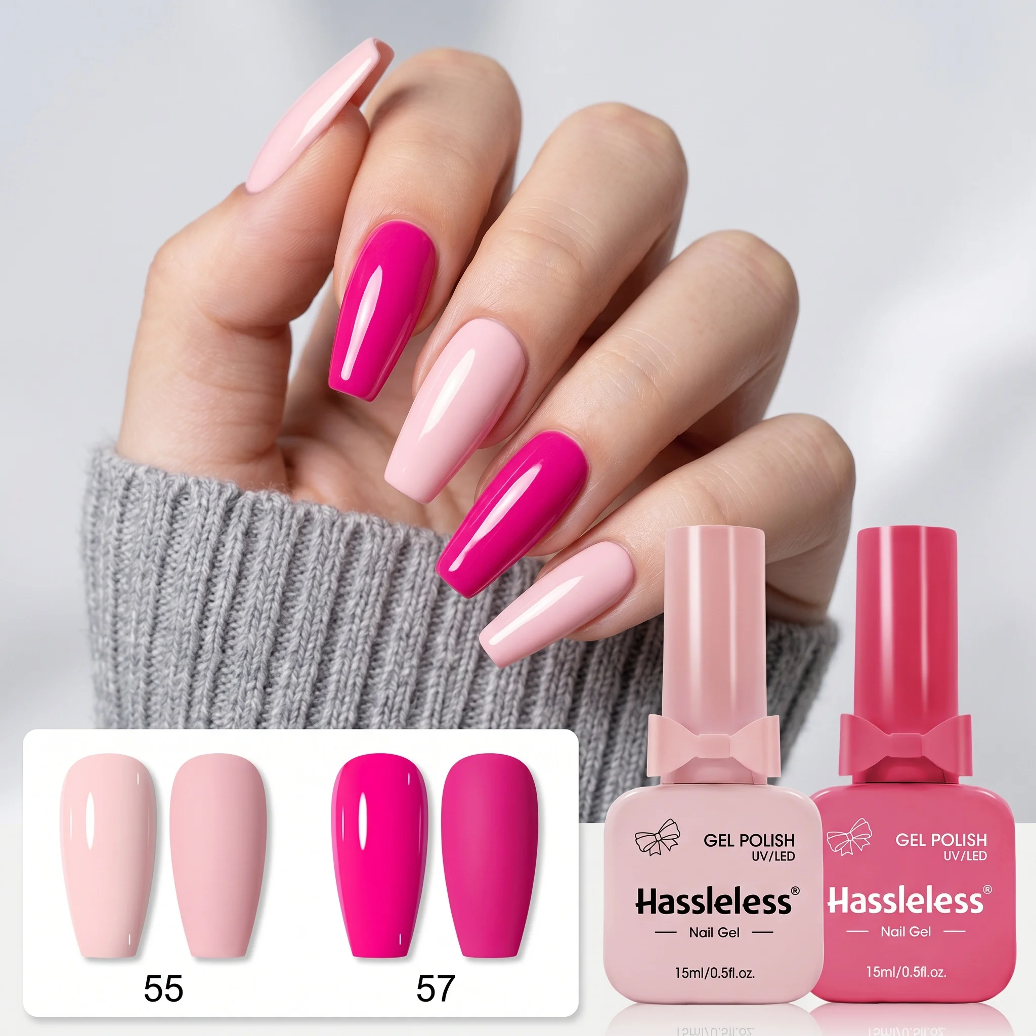 Hassleless 2-Piece Color-Blocking Nail Polish Set, Featuring a Gentle Light Nude Pink Paired with a Vibrant Dragon Fruit Rose Pink Dual-Color Combination, with Smooth and Full Coverage, a Clear and Transparent Finish,