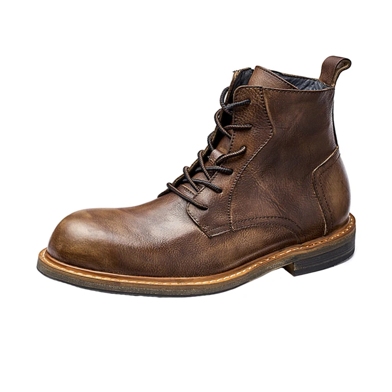 British Vintage Riding Boots Men's Shoes Genuine Leather Work High Top Thick Bottom Motorcycle Casual Chelsea Boots Male