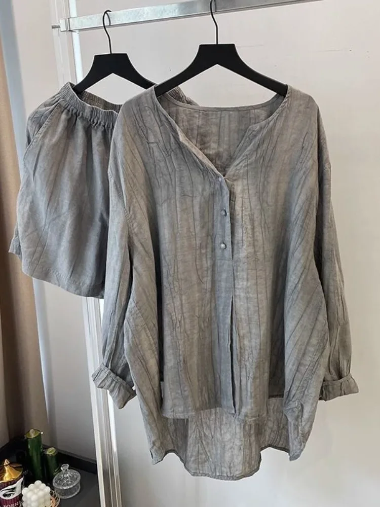 Elegant Folded Grey Cotton Linen Shirt Women's Summer Thin Cardigan Sun Protection Set Wide Leg Short Pants Two Piece Set