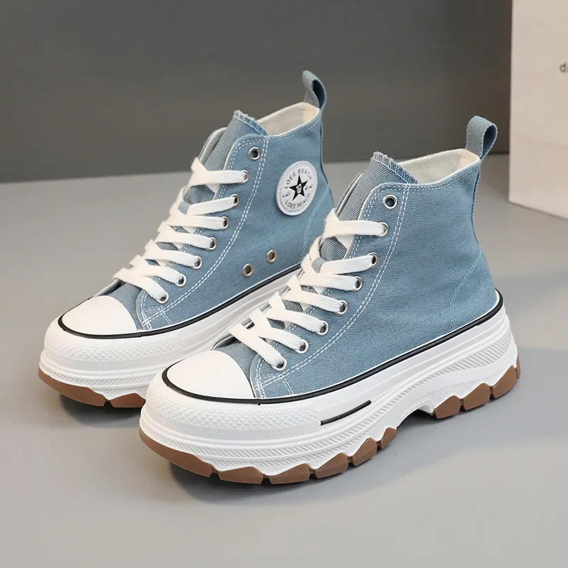 2024 Spring autumn Female Women High Top Sneakers Lace-Up Casual Plarform Height Canvas Non-slip Wear Resistant Vulcanize Shoes