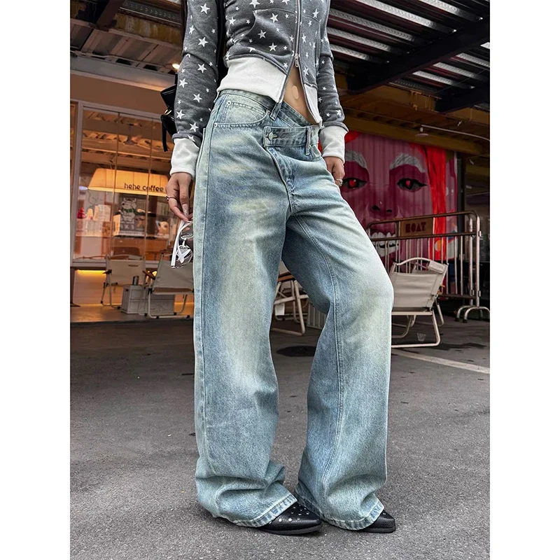 

Женские винтажные синие готические джинсы Y2k, американские ретро Harajuku, широкие джинсовые брюки, эстетические брюки-бойфренды 2000-х годов, осень 2023 г.