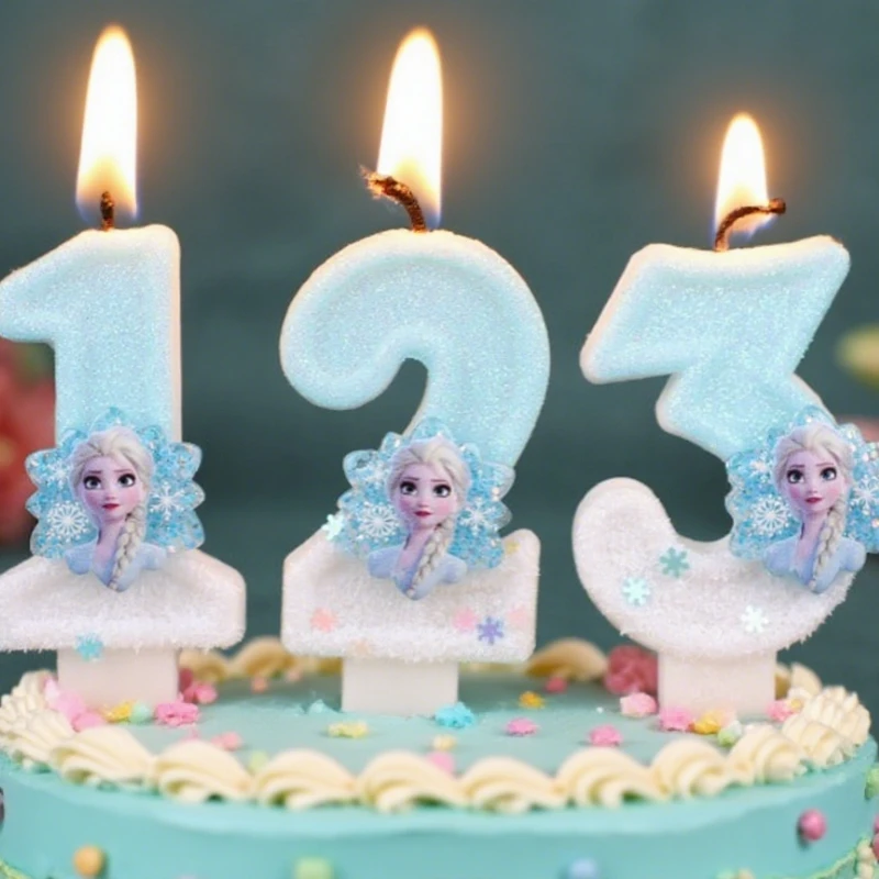 كارتون الأميرة المجمدة الكرتون موضوع ثلاثية الأبعاد شموع عيد ميلاد رقمية عطلة حفلة الإبداعية كعكة الترتر الشموع ديكور استحمام الطفل