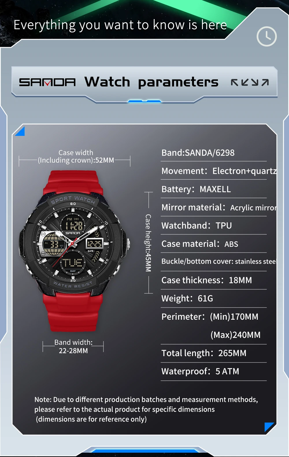 SANDA 6298 العلامة التجارية ساعة رياضية رجالية عادية الخلفية 50 متر مكافحة طالب المنبه عرض مزدوج ساعة رقمية