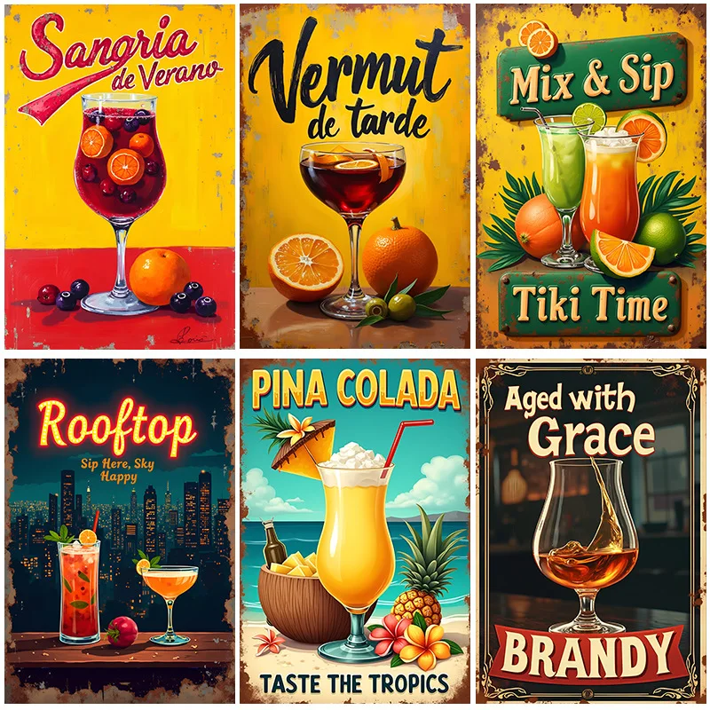 Letrero Metálico HD Vintage para Decoración de Pared de Bar de Cócteles - Letrero Metálico Retro con Diseño de Sangría, Piña Colada, Vermut y Tiki Time para el Hogar, Bar o Pub