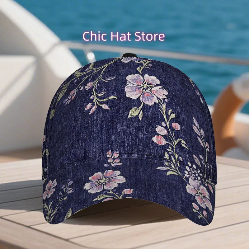 1pc Floral Pattern on Dark Blue Background Print Classic Baseball Cap - Adjustable Duckbill Hat, Lightweight Design, Ideal for C