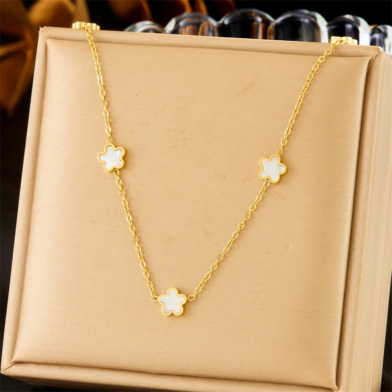 DIEYURO 316L Stainless Steel White Sea Shell Five Leaf Flower Necklace Bracelet Suit Womens 2024 New TrendNon-fadingjewelry Set