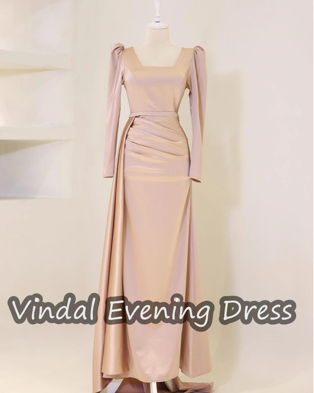 Vindal Ruffle Square Necklin Floor Length Evening Dress Satin Elegant Built-in Bra Saudi Arabia Long Sleeves For Woman 2024