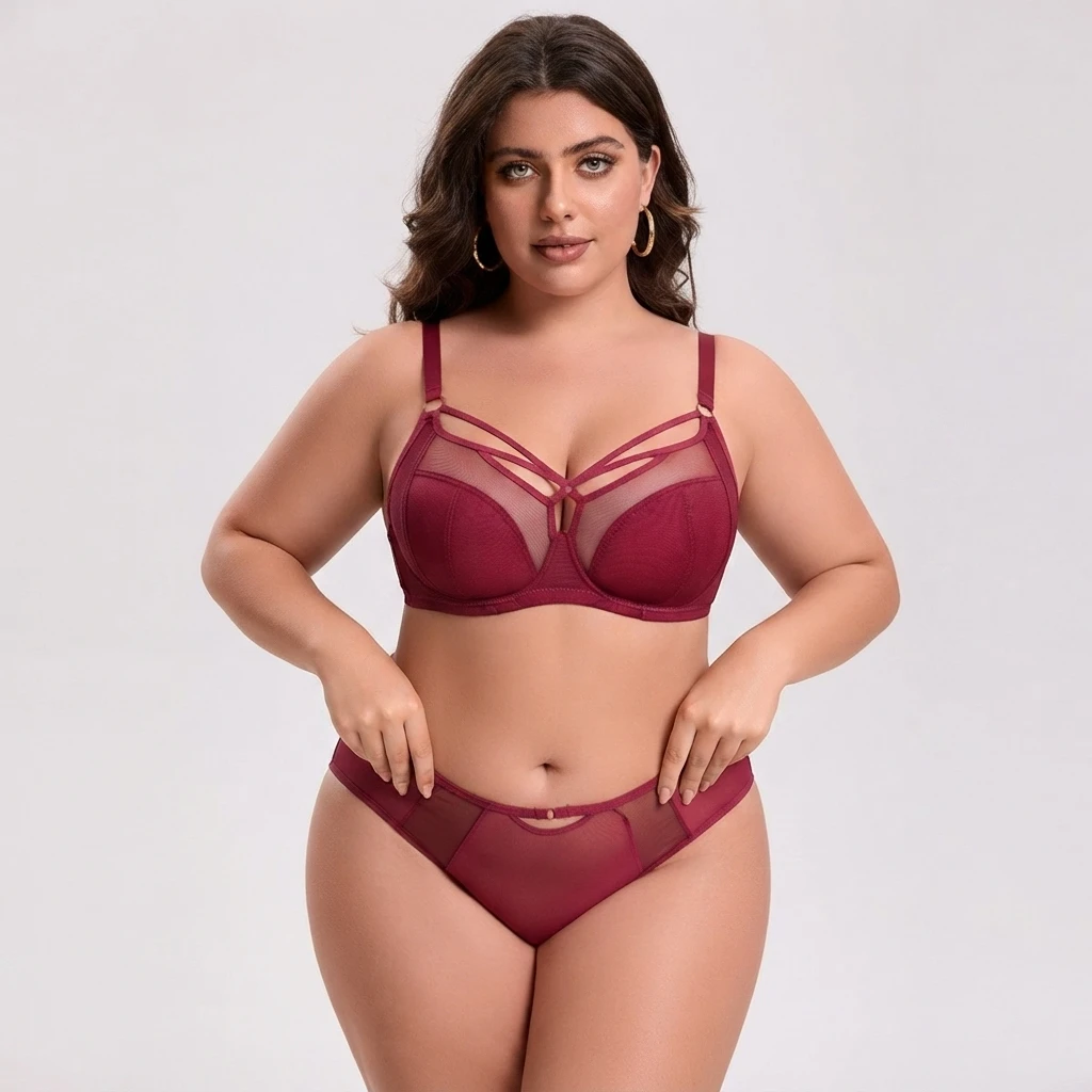 Women Plus Size Crisscross Strappy Sheer Mesh Minimizer Bra Suit Unlined Underwire Large Bust Lingerie Set C D E F G H I J K L