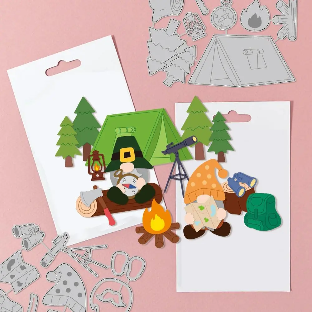 Camping Tent Telescope Cutting Dies for DIY Scrapbooking Metal Gnomes Tree Die Cuts Embossing Stencils Template for Paper