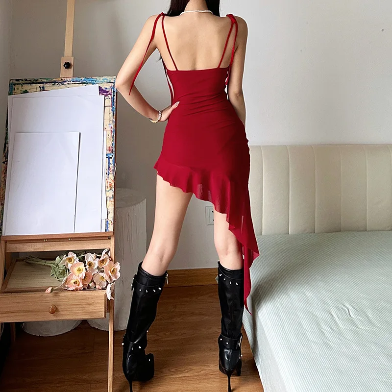 2024 New Retro Summer Sexy Spicy Girl Thai Dress Fashion Irregular Niche Design Women Group Ruffled Edge Red Ribbon Mini Dresses