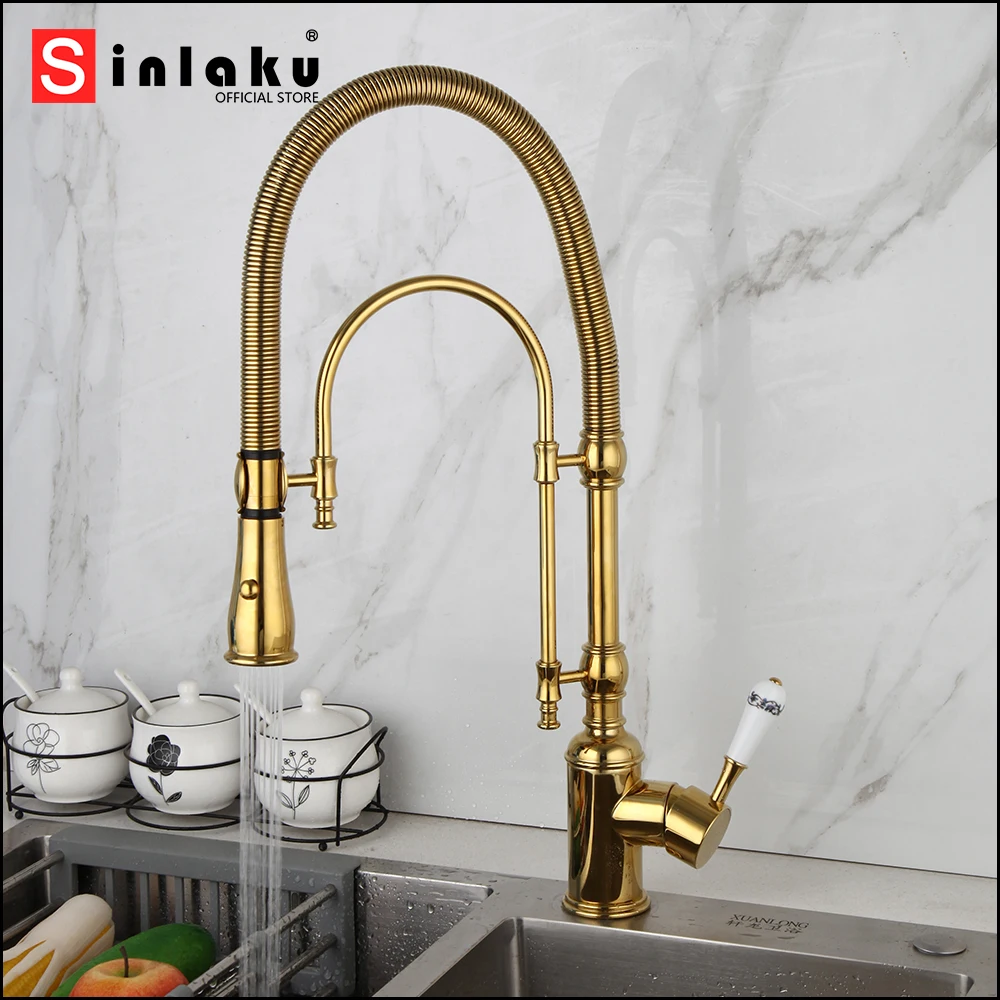 

SINLAKU Gold Polished Spring Pull Down Kitchen Sink Faucet Hot & Cold Basin Crane Tap with Dual Spout Deck Mounted Mixer Tap