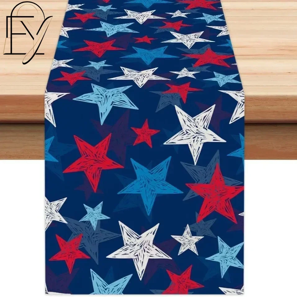 Star Table Runner Patriotic Red White Blue Linen Tablecloth Independence Day 4th of July Kitchen Dining Memorial Day Decor