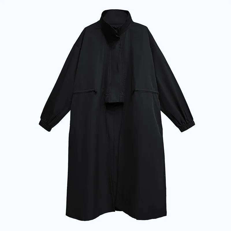 Women Work Irregular Trench Coats Maxi Long Jacket Full Sleeves Stand Collar Zipper Loose Fit Elegant Casual 2025 Autumn Winter