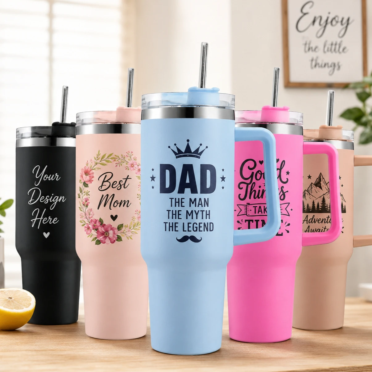 Custom Name Photo 40 oz Insulated Tumbler with Handle and Straw Personalized Stainless Steel Travel Coffee Mug Gift