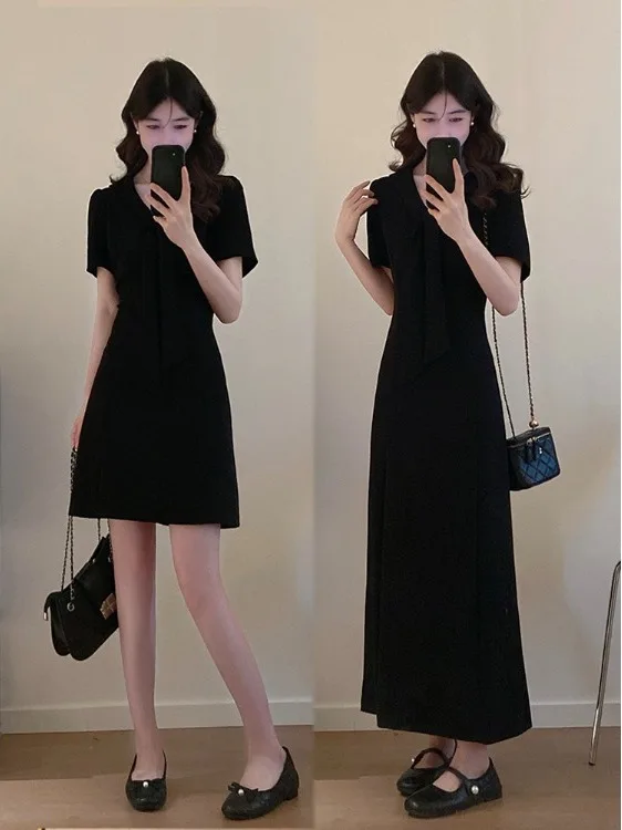 

Summer Navy Collar Dress plus Size Women's Fashionable Ageless Black A-Line Skirt Sweet Princess Style Short Sleeve Midi Dress