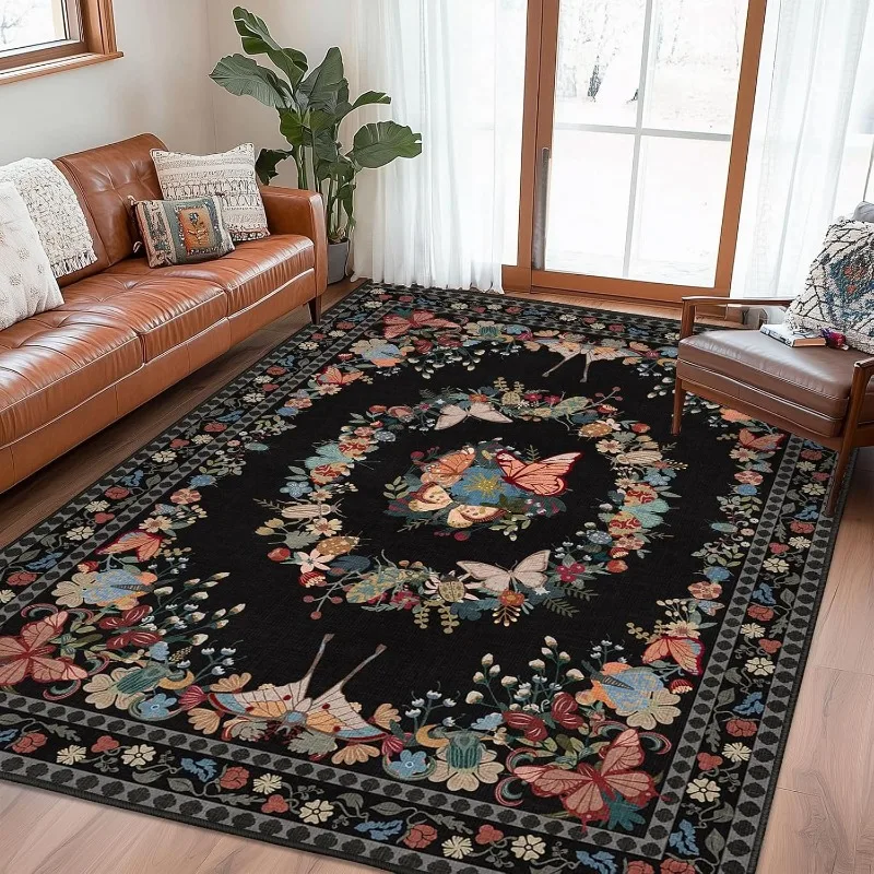 

Vintage Art Living Room Carpet Butterfly Floral Foldable Machine Washable Bedroom Bedside Rug Soft Coffee Table Floor Mat Tapis