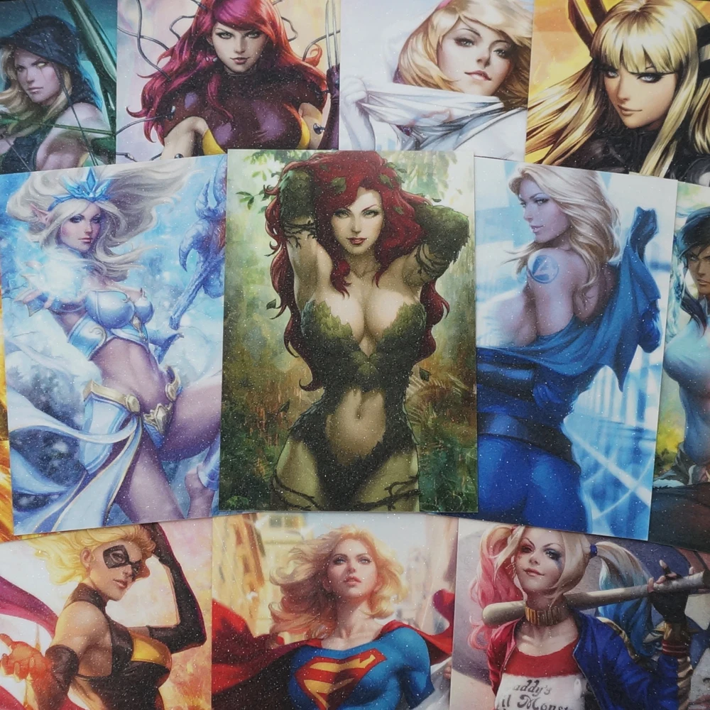 

20pcs/set Female Super Hero Villain Character Cards Poison Ivy Harley Quinn Sexy Heroine Shiny Frosted Anti-Scratches Paper Card