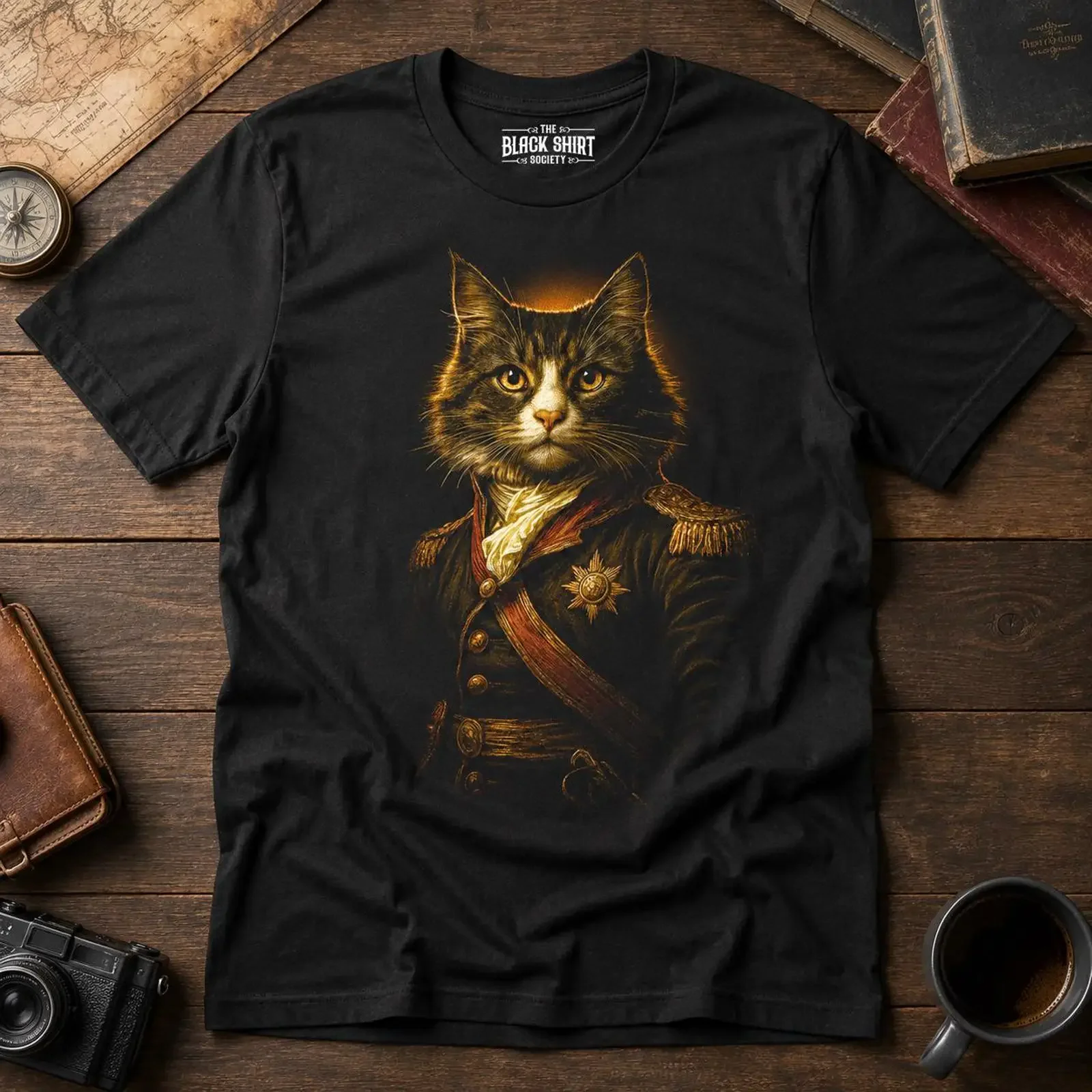 Regal Cat Portrait T Shirt Military Feline Art Victorian Style vintage Washed Comfortable graphic Versatile Breathable Slightly