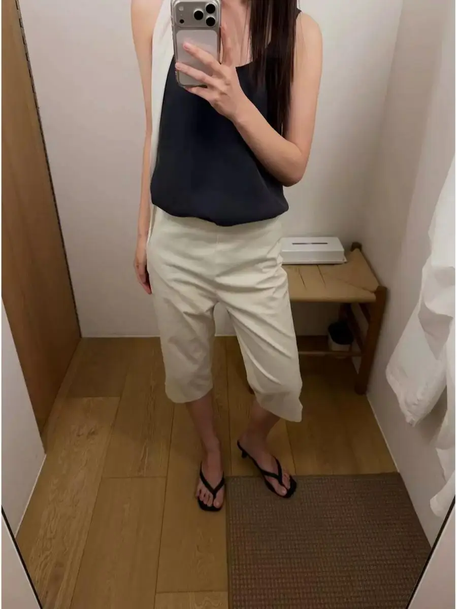 

High Waist Straight Leg Suit Pants Women's Casual Commute Five-Point Slimming Trousers Simple Design Comfortable Cotton Blend