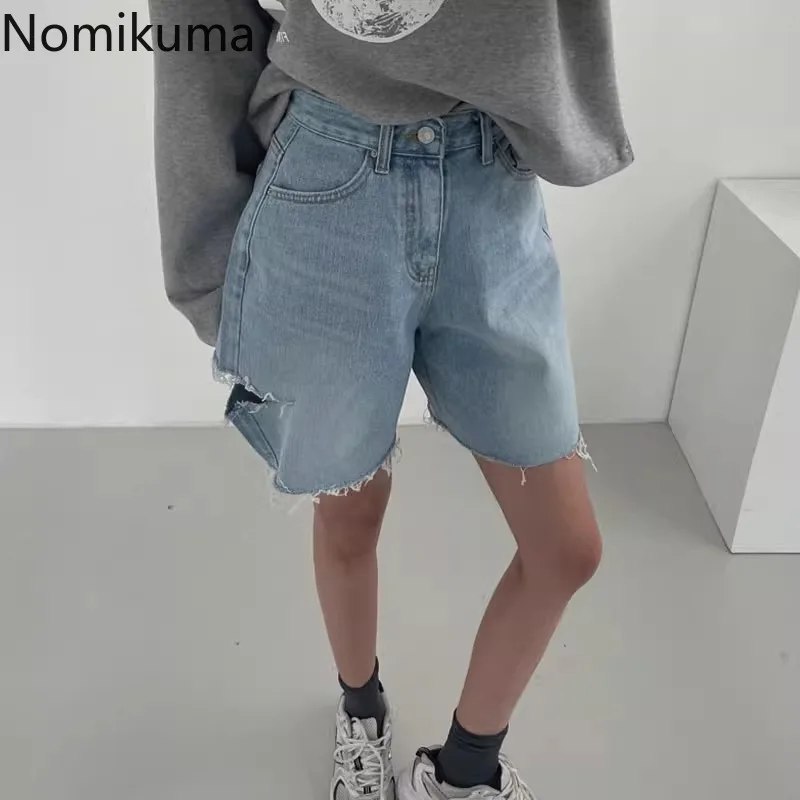 Spodenki jeansowe Streetwear 2024 nowe spodnie z wysokim stanem w stylu Casual, z dziurami Y2k szerokie nogawki modne proste szorty De Mujer