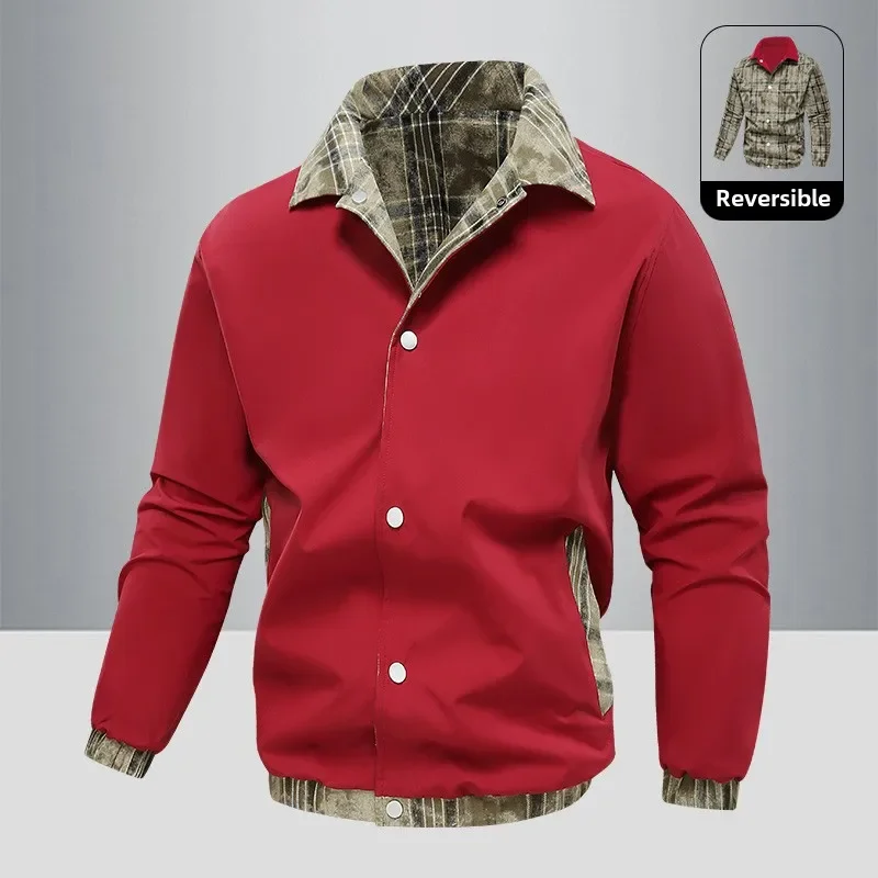 

Spring Casual Bomber Jacket Men Reversible Wear Mens Autumn Outdoor Vintage Loose Jackets Lapel Fashion Baseball Coats Male