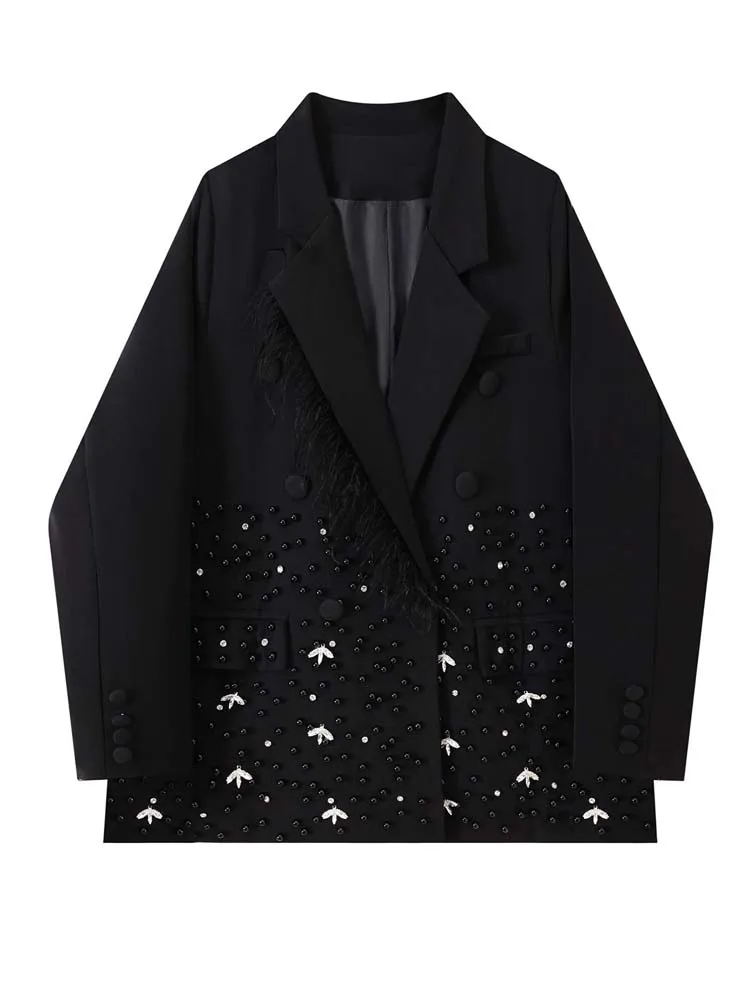 سترة فاخرة من حجر الراين والريش باللون الأسود للنساء لربيع وخريف 2025 معطف كبير الحجم مطرز باللؤلؤ سترة مزدوجة الصدر INKEO 5O037