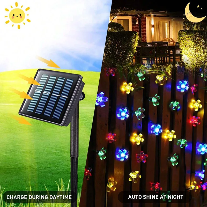 LED Solar String Lights Cherry Blossom Garland Lights Outdoor Solar Garden Patio Decor Lights Christmas Wedding Party Decoration