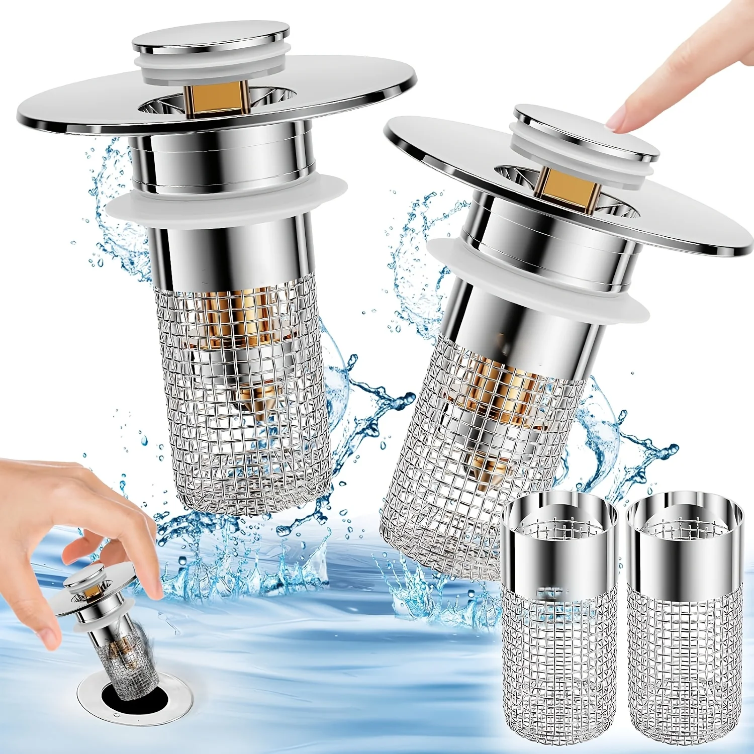 

Bathroom Sink Plugs Silver Pop-Up Drain Filter with Spring Core Universal 1.1-1.45 Inches Push Conversion Drain Stopper