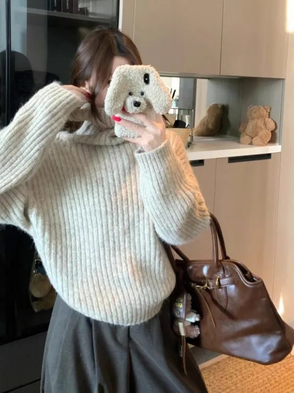 Ladies Thickened Short High Collar Sweater Winter Commute Style Loose Fit Knitted Winter Coat Large Size Small Figure Friendly