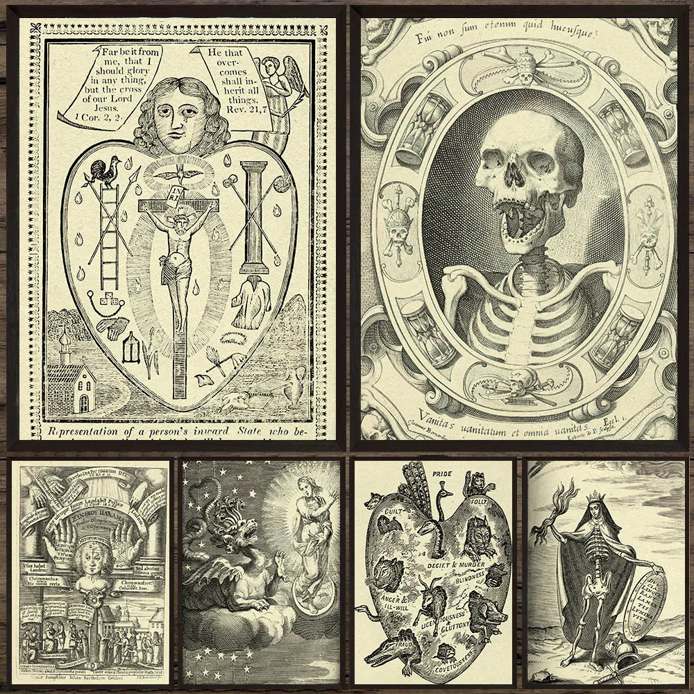 Old Medieval Witchcraft Poster Print,Demon Occult Canvas Painting,Occult Seven Deadly Sins & Demon Canvas Wall Art Decor