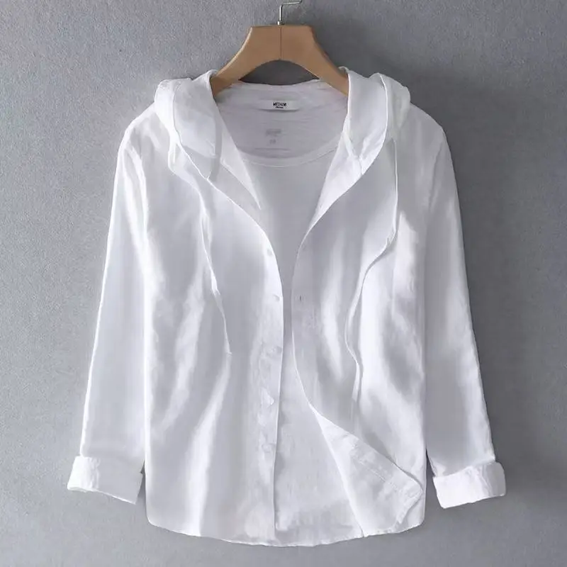 2026 Spring and Summer New Men's Hooded Linen Shirt Solid Color Thin Style Loose Fashion Casual Sports Cotton Linen Shirt