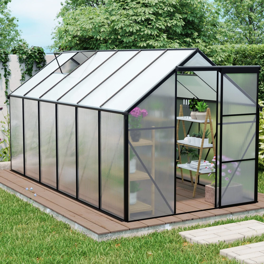 

6x12 FT Polycarbonate Greenhouse: Raised Base & Anchor Aluminum Heavy Duty Walk-in for Outdoor Backyard All Season, Black
