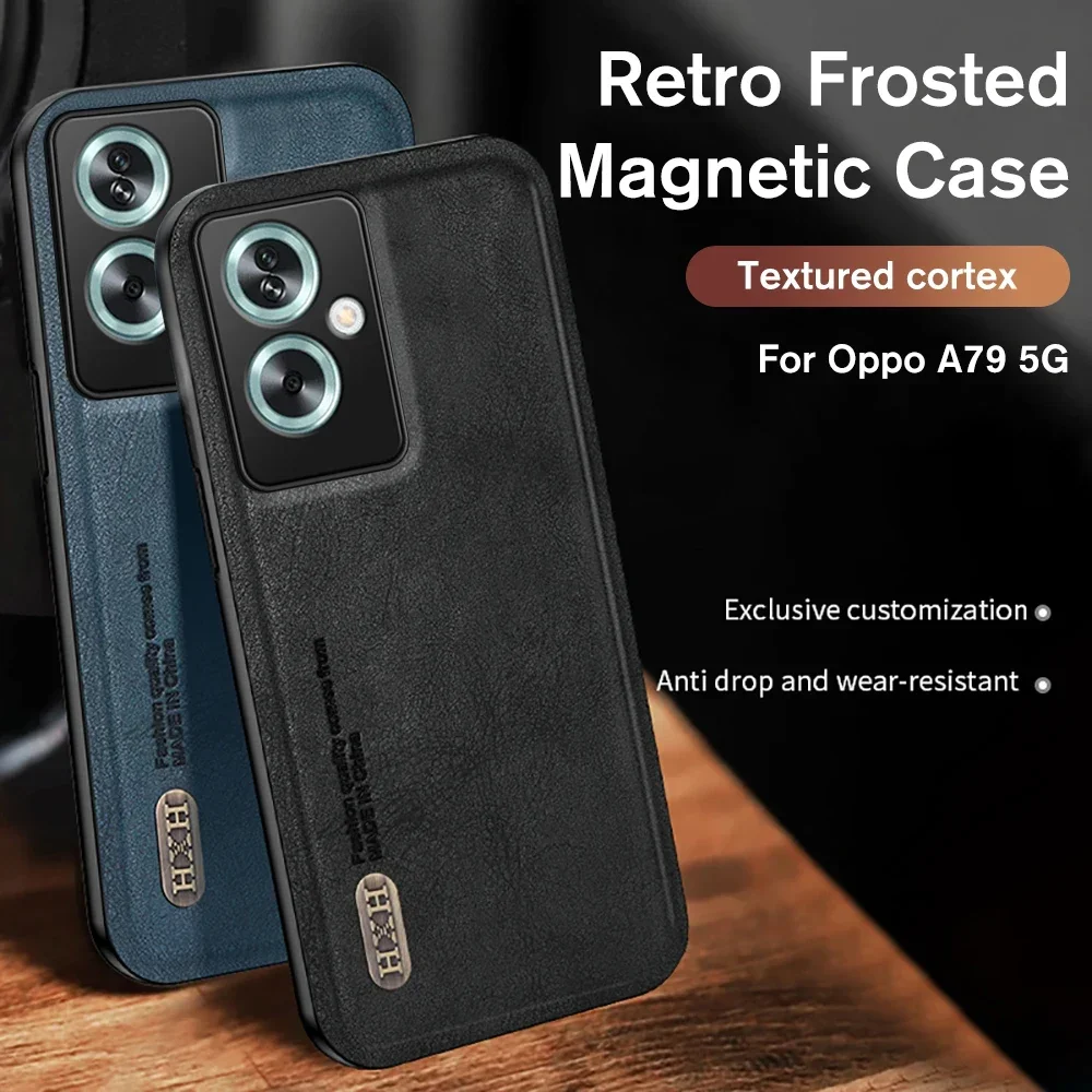 Retro Matte Leather Texture Case For Oppo A79 Car Magnetic Camera Shockproof Cover Coque Orro Appo A 79 79A OppoA79 5G CPH2553