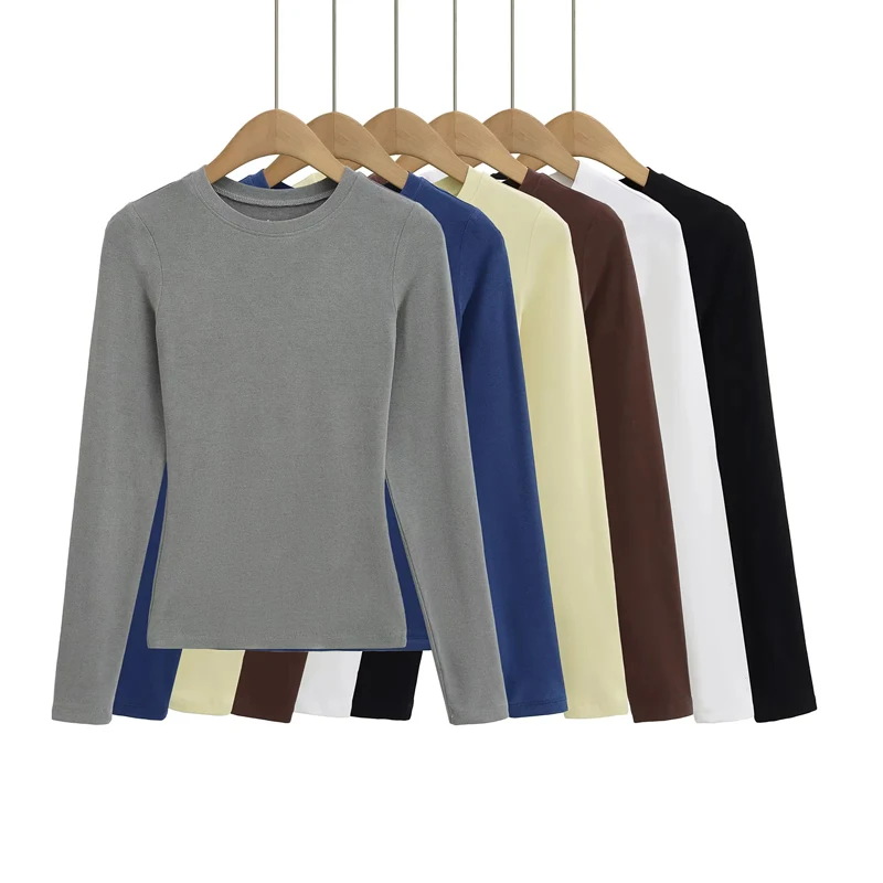 Camiseta de uso diario de manga larga con cuello redondo para mujer