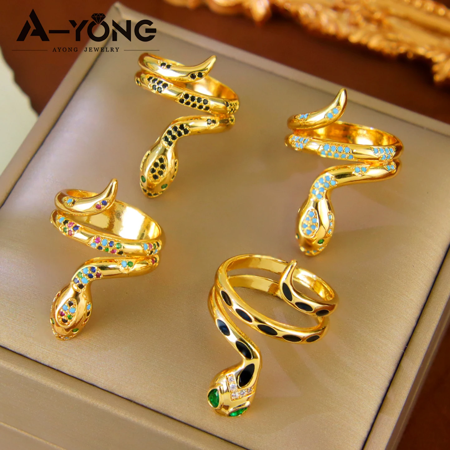 Hip-Hop Zirkonia Offene Schlangenringe 21k Vergoldet Arabische Mode CZ Tier-Ring Italienischer Damen Event Party Punk Schmuck Geschenke – Detail 2