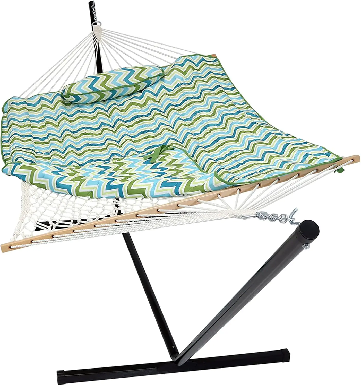 

Sunnydaze Rope Hammock with Stand for Outside - Heavy Duty Freestanding Portable Outdoor Hammock Set with Quilted Pad, Pillow, a