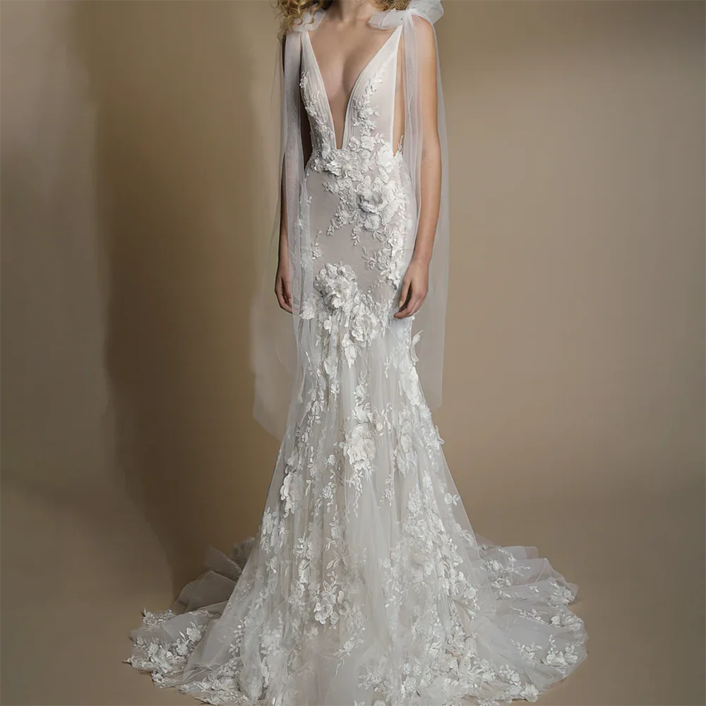 우아한 딥 브이넥 민소매 아플리케 백리스 인어 신부 웨딩 드레스 신부 가운 맞춤형