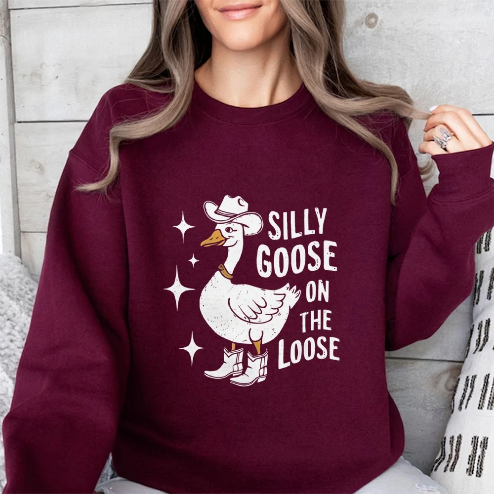 

Silly Goose Graphic Sweatshirt Trendy Comfort Colors Long Sleeve Shirt Funny Halloween Town Fall Casual Hoodies Tops