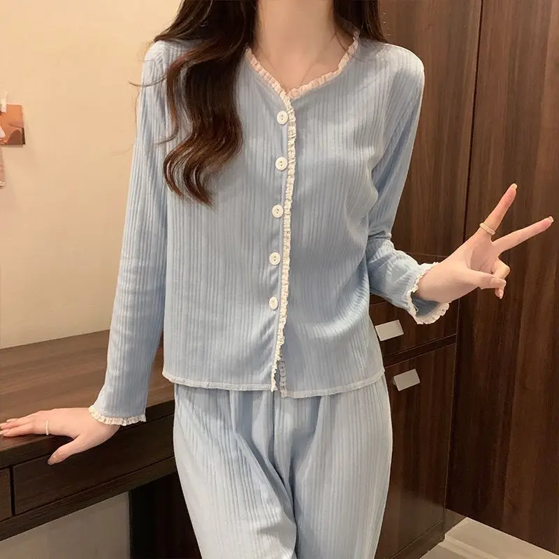 Pajama Sets Women Autumn Daily Sleepwear Home Soft Floral Ins Korean Fashion Sweet Girls Lovely Students O-neck Casual Simple