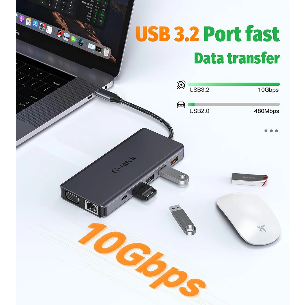 Getatek 13 in 1 노트북 USB C 도킹 스테이션, 10Gbps USB C 허브, USB 3.2 허브 포함, 4K HDMI VGA 100W PD 충전, 맥북 프로용 RJ45