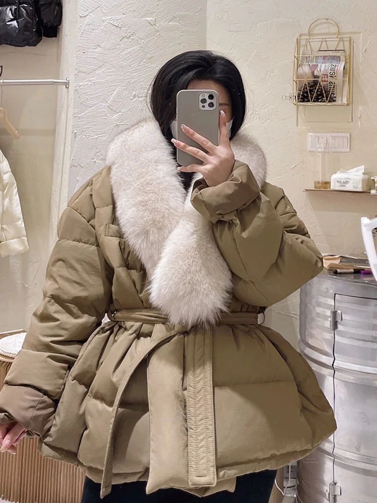 Big Real Fox Fur 2022 Fashion Winter 90% Duck Down Jacket Women Slim Fit Waist Tie Short Puffer Coat Female Feather Parkas