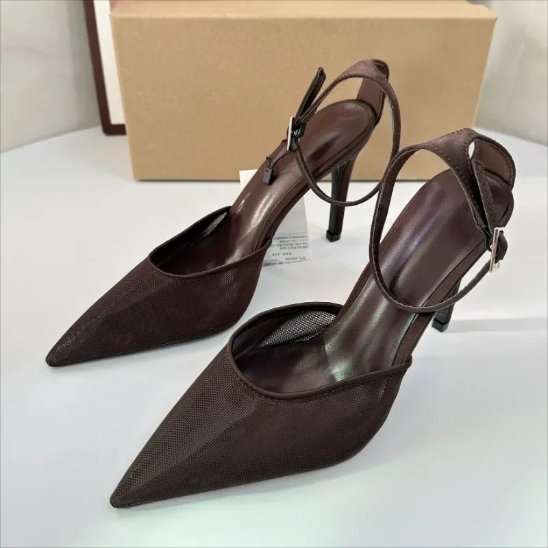 

Spring Sexy Ankle Strap Pointed Toe Pumps Woman Sandals Brown Mesh Stiletto Heels Design Ladies Dress Party Shoes
