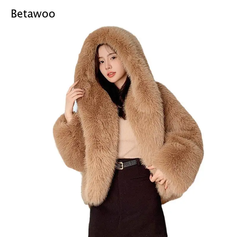 Women Hooded Faux Fur Short Coat Fluffy Shaggy Open Front Thick Warm Winter Cropped Furry Outerwear Jacket