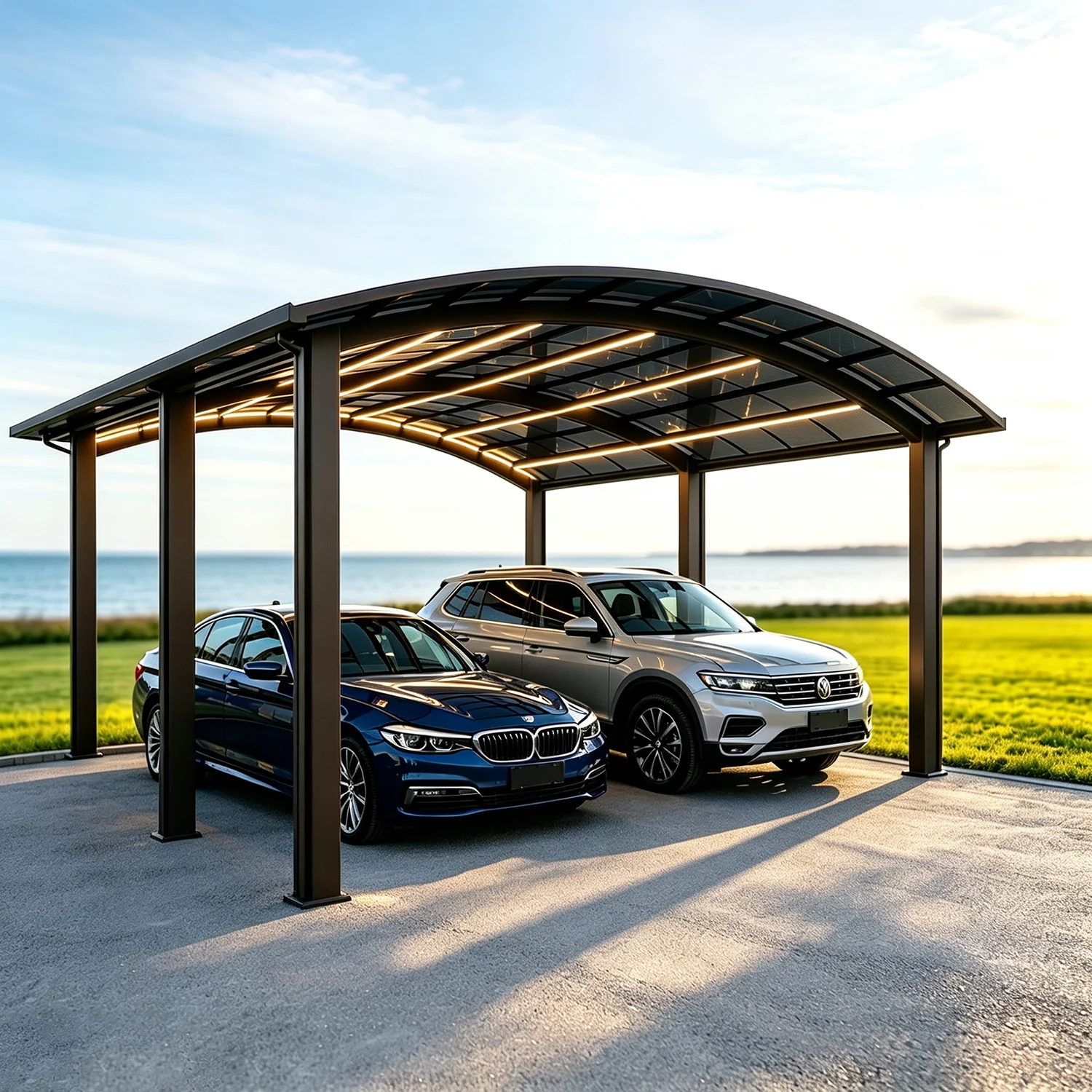 Aluminum Arched Carport with LED Lights, Heavy Duty Waterproof UV Outdoor Parking Shelter for SUV RV, Double-Side Support