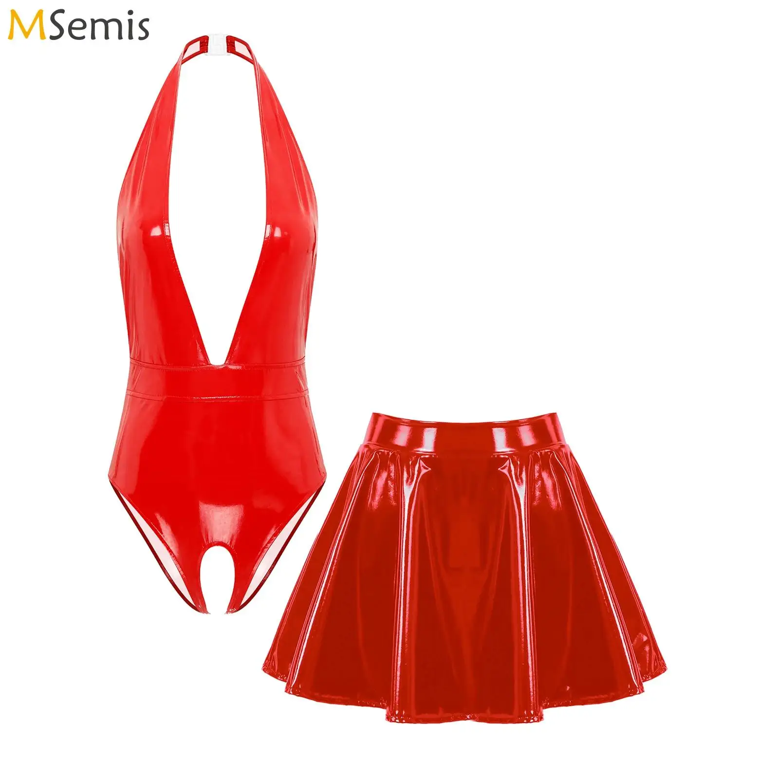

Women Wet Look Patent Leather Two Pieces Lingerie Set Halter Crotch Opening Leotard with Mini Skirt Club Wear Rave Outfit
